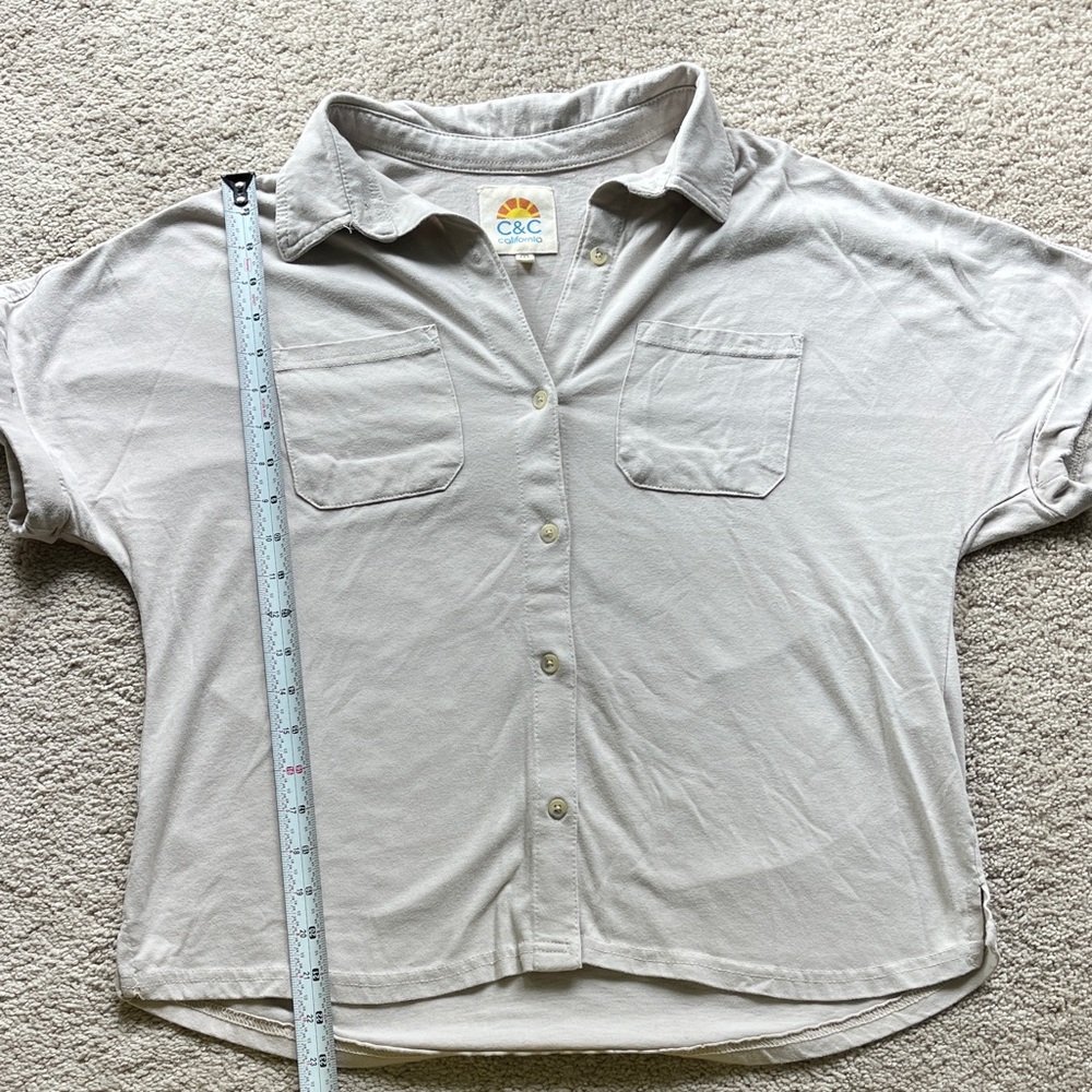 C&C California Light Beige Button-Up Knit Top with Logo Tag